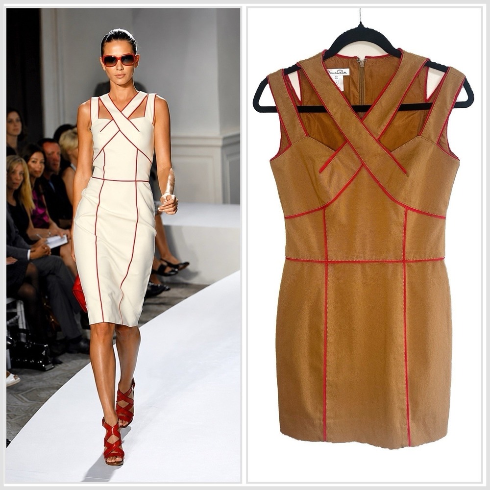 Oscar de la Renta RUNWAY SS08 Dress Camel Tan Red Trim Sheath Above Knee Mini 6‎